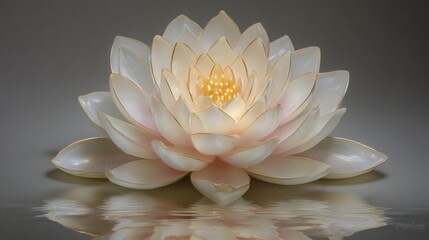 A beautiful lotus flower rests on still water, showcasing its soft petals and bright center. The gentle reflection on the water adds to the serene atmosphere of the scene.