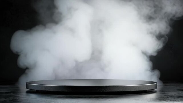 Mysterious Platform: An evocative, empty, round platform stands amid a cloud of atmospheric smoke, creating a space for product display, creative concepts or mysterious scenes.