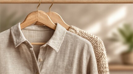 Two garments hang neatly on wooden hangers in a softly lit area. The light gray shirt has a button-up design, while the knitted sweater features a textured pattern. The background is calm and cozy.