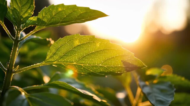 A vibrant green leaf glistens under the golden sunlight while the soft breeze gently sways the stem. The intricate veins of the leaf create an inviting texture, embodying the essen
