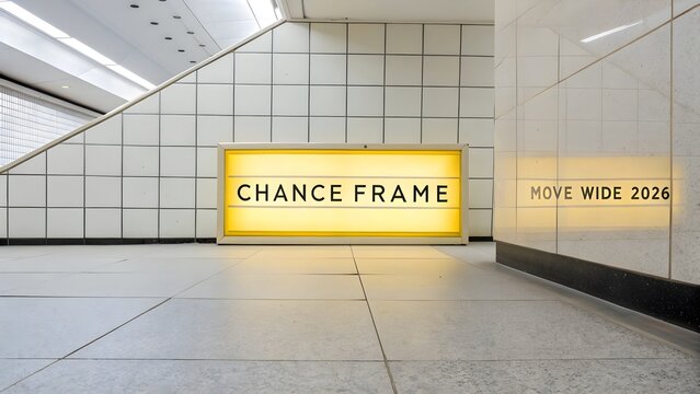 Lit sign labeled Chance Frame in a modern bright space