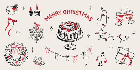 Obraz premium Vintage chalk-style Christmas celebration sketch with festive table, champagne glasses, wrapped gifts, holiday decorations, and charming hand-drawn winter dinner elements