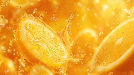 Slices of fresh orange burst into splashes of water against a vibrant yellow backdrop. The scene captures the freshness and juiciness of citrus fruit, inviting a sense of refreshment.