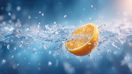An orange slice plunges into clear water, sending droplets flying in all directions. The scene captures the refreshing moment with bright colors and dynamic splashes.