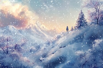 Naklejka premium Winter snow covers mountain landscape at sunset with person standing on slope, trees and sky in background, peaceful outdoor atmosphere