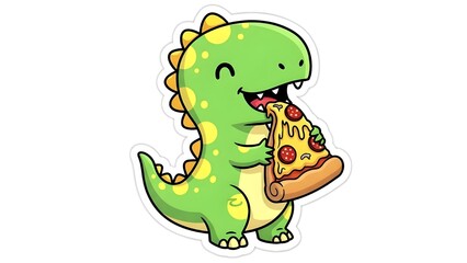 A cute, stylized green dinosaur with yellow spots and spikes is happily eating a large slice of pepperoni pizza. It has a friendly, smiling expression and is drawn in a cartoon sticker style.