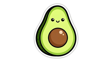 the avocado half has a simple, smiling face with small, round black eyes and a crescent-shaped mouth. the sticker has a white border around the outline.