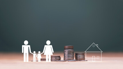 Family financial planning concept. Stacked of coins with family and a house outline icon. Symbolizing savings, insurance, investment, home ownership, budgeting and long-term economic security. © Waatsana