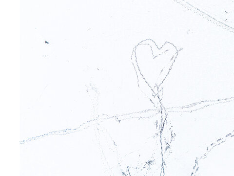Aerial view of a heart shape drawn into the crisp white snow, footprints scattered around, a simple expression of affection, Trakai, Trakai, Lithuania. - Powered by Adobe