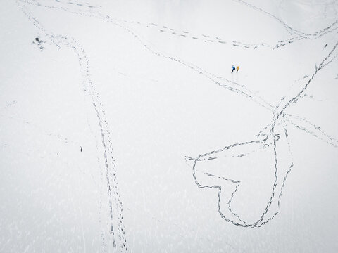Aerial view of snowy expanse crisscrossed with trails of footprints, a story etched in white, Trakai, Trakai, Lithuania.