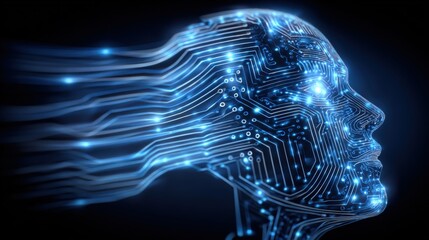 A futuristic depiction shows a human-like profile composed of glowing circuits and intricate patterns.
