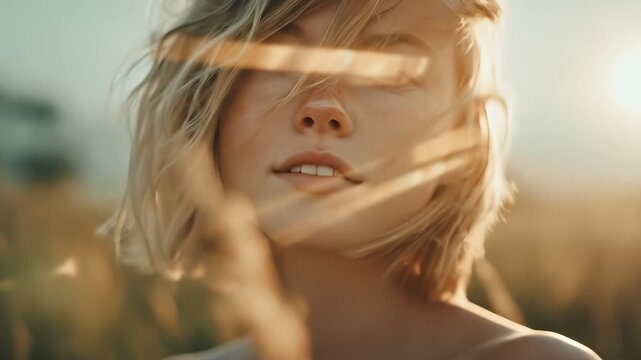 A girl with tousled hair stands amidst tall golden grass, letting the soft breeze dance around her. The warm sunlight bathes the landscape, creating a serene and magical atmosphere