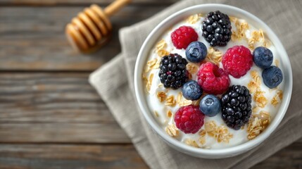 A bowl of creamy yogurt is topped with vibrant red raspberries, dark blackberries, and blue blueberries, along with crunchy granola. The setting features a cozy wooden table and a honey dipper nearby.