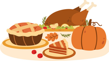 Thanksgiving turkey dinner with pumpkin pie and autumn elements, Festive cartoon illustration