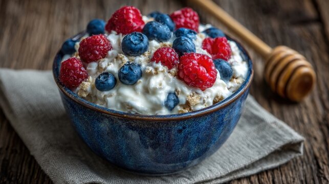 A bowl filled with creamy yogurt is topped with bright blueberries and raspberries. A wooden honey dipper rests nearby on a textured table. The setting gives a cozy, inviting feel.