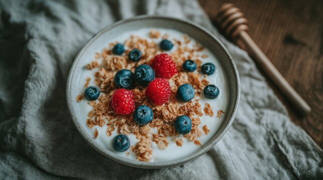 A bowl of yogurt topped with granola, fresh raspberries, and blueberries sits on a rustic wooden table. A honey dipper lies nearby, emphasizing a healthy breakfast choice. - Powered by Adobe