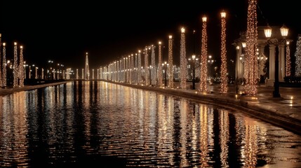 Fototapeta premium Stunning illuminated pathway along a serene waterway during night time festivities
