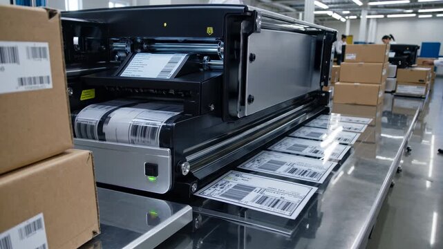 A low-angle video shot of a modern industrial printer in action, printing shipping labels in a busy warehouse setting with boxes nearby.