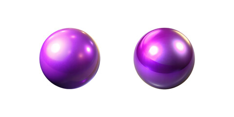 Two glossy purple metallic spheres isolated on transparent background. Rich violet chrome finish with bright white highlights and subtle pink-magenta reflections.