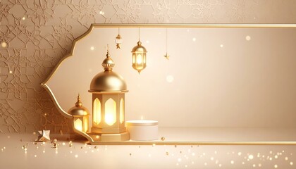 Ramadan Kareem Eid Mubarak Greeting Background with Golden Lanterns, Traditional Islamic Frame, and Festive Decorations for Product Showcase