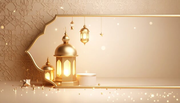 Ramadan Kareem Eid Mubarak Greeting Background with Golden Lanterns, Traditional Islamic Frame, and Festive Decorations for Product Showcase