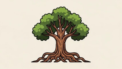 Stylized illustration of a large, ancient tree with prominent roots and a full green canopy, symbolizing nature and growth.
