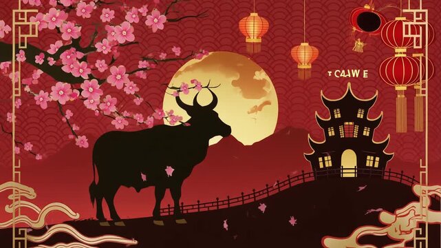 Chinese New Year greeting card featuring a silhouette of an ox and a castle