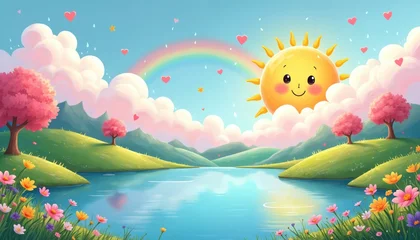 Fotobehang Regenboog Happy sun with smiling face among fluffy clouds, rainbow over serene lake with flowers, trees. Cartoon illustration of peaceful landscape with green hills, pink blossoms. Colorful scenery with blue  © Viktor