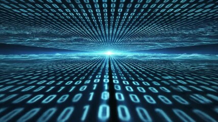 Endless blue binary code tunnel fly through with digital data floor and bright horizon light - Powered by Adobe