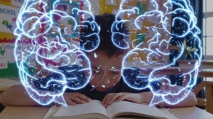 A child reading a book with digital brain graphics overlay. Captured from a front angle, this video blends education with futuristic tech visuals. - Powered by Adobe