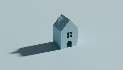 A minimalist light blue house casting a long shadow on a plain background.