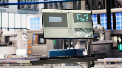 Engineer in sustainable industrial plant monitoring production equipment, diagnosing system...