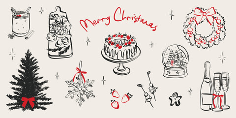 Vintage chalk-style Christmas celebration sketch with festive table, wine glasses, holiday decorations, and charming hand-drawn winter dinner elements. Doodle outline vector illustration