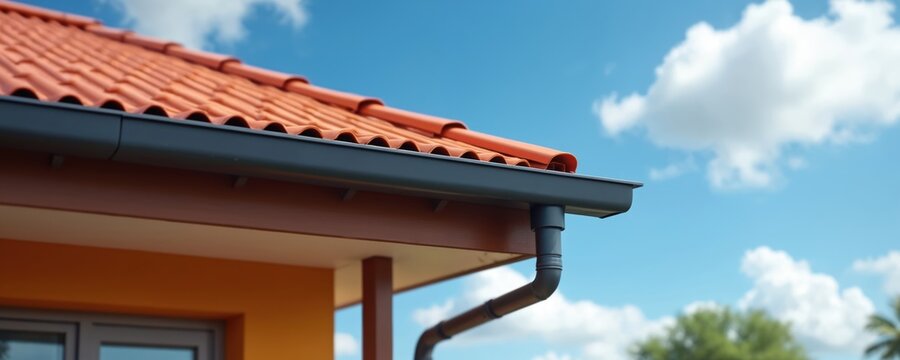 House with orange roof and grey gutter system. Rainwater downspout pipe on exterior. Home orange wall with window. Blue sky with clouds. Roof drainage system.