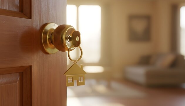 Close-up of an open wooden door with a key and house-shaped keychain, revealing a bright, blurred living room interior.