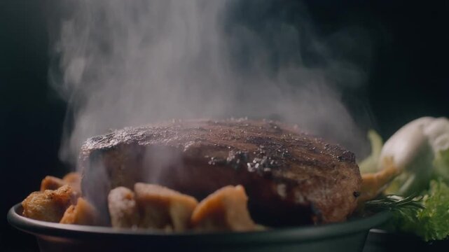 Hot, steaming steak on a plate with sides, served with a side of garlic and salad, ready to be devoured in a dark, dramatic setting