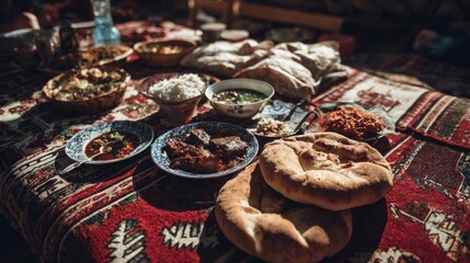 Traditional spread of various dishes and flatbreads arranged upon a richly patterned textile.