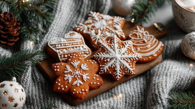 Holiday cookies decorated with icing arranged on a wooden board surrounded by festive decor
