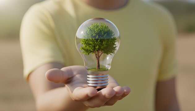 Person holding lightbulb with tree inside, symbolizing green energy and environmental awareness.