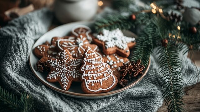Delicious gingerbread cookies decorated for the holiday season displayed on a cozy festive table