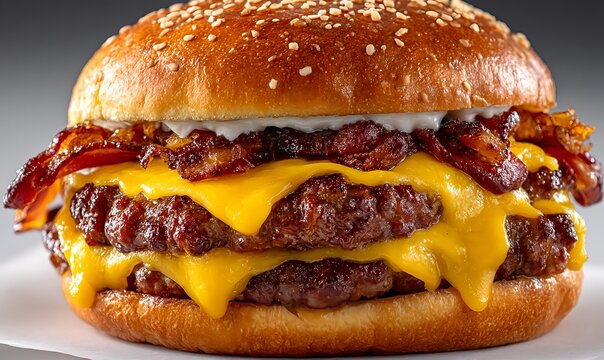 Artisanal burger crafted with precision, featuring bacon, cheddar, and caramelized onions