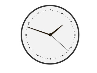 Time management, punctuality, schedules, productivity, design, minimalism. A wall clock with black hands and minimal markers on a clean white background. Time management and punctuality concept