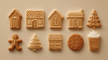 Festive cookie decorations shaped like houses, trees, and gingerbread figures for holiday celebrations