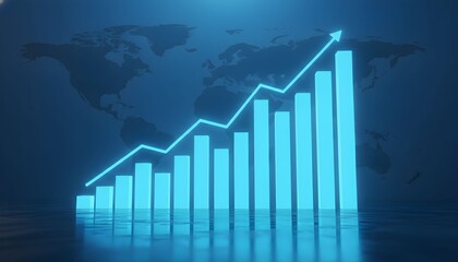 A glowing blue bar chart with an upward trending line graph superimposed over a world map.