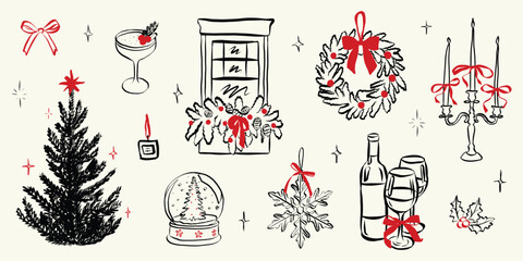 Naklejka premium Festive party doodle sketch featuring vintage Christmas dinner table with bow-tied gifts, champagne, tree decorations, and whimsical hand-drawn holiday food illustrations