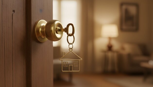 Key in door with house keychain, blurred background.