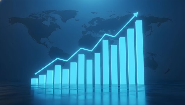 A glowing blue bar chart with an upward trending line graph superimposed over a world map.