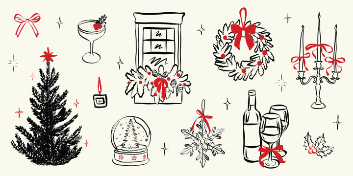 Festive party doodle sketch featuring vintage Christmas dinner table with bow-tied gifts, champagne, tree decorations, and whimsical hand-drawn holiday food illustrations