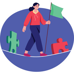 Woman Walking on Tightrope Holding Green Flag Surrounded by Puzzle Pieces Purple and Blue Background
