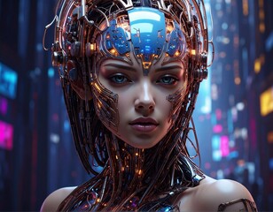 Cyborg Profile AI Interface in Urban Landscape